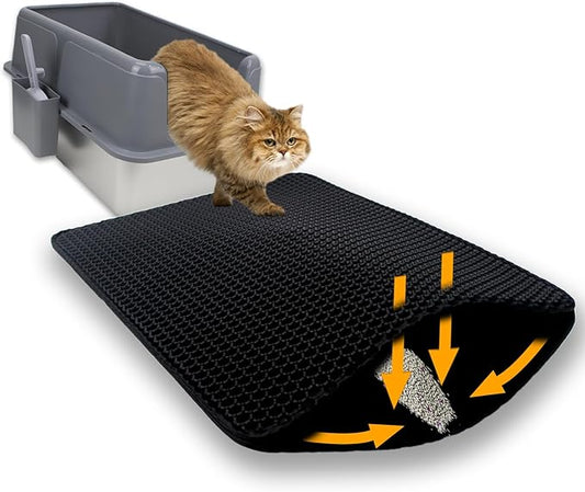 Cat Litter Box Mat Double Layer Trapping Mat Easy-Clean Waterproof Urine Proof(Black 30x22in)