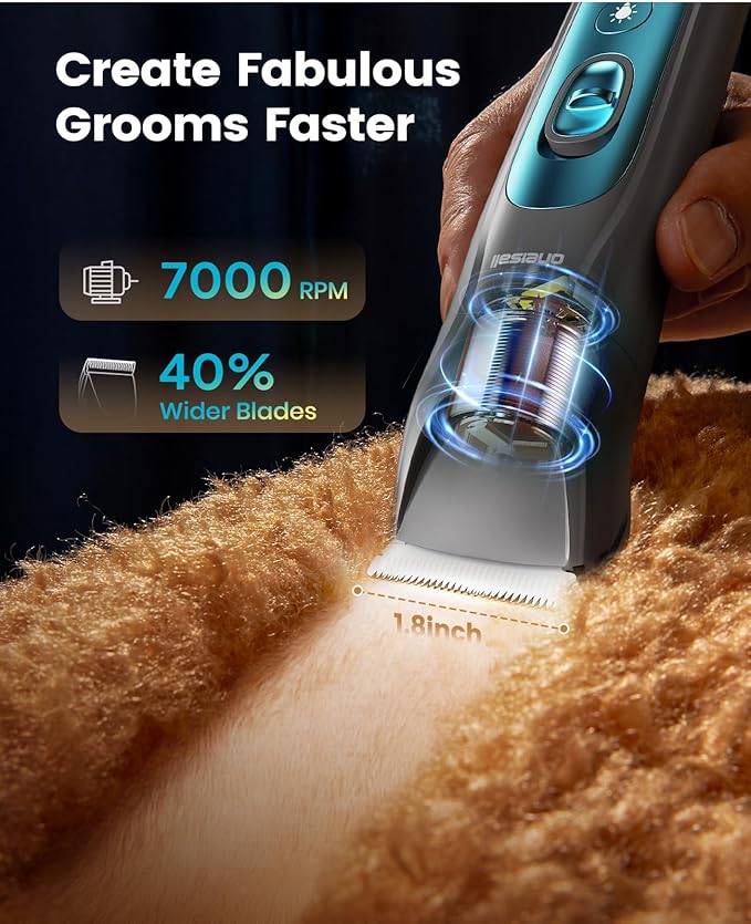 oneisall LED Light Dog Trimmer Clippers, Cordless Dog Grooming Kit 2 in 1, 2000mAh Pet Grooming Clippers Paw Trimmer Nail Grinder for Paw, Nail, Face, Ears, Legs, Body