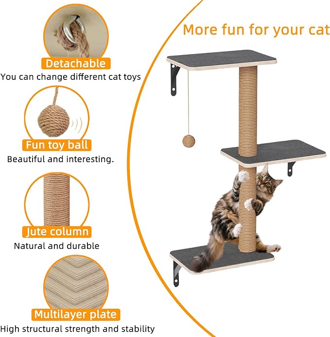 5-in-1 Cat Wall Shelves Set with Hammock, Wall-Mounted Cat Furniture Includes Condo, Bridge, Ladder & Steps for Indoor Cats, Safe & Stable (Gray)