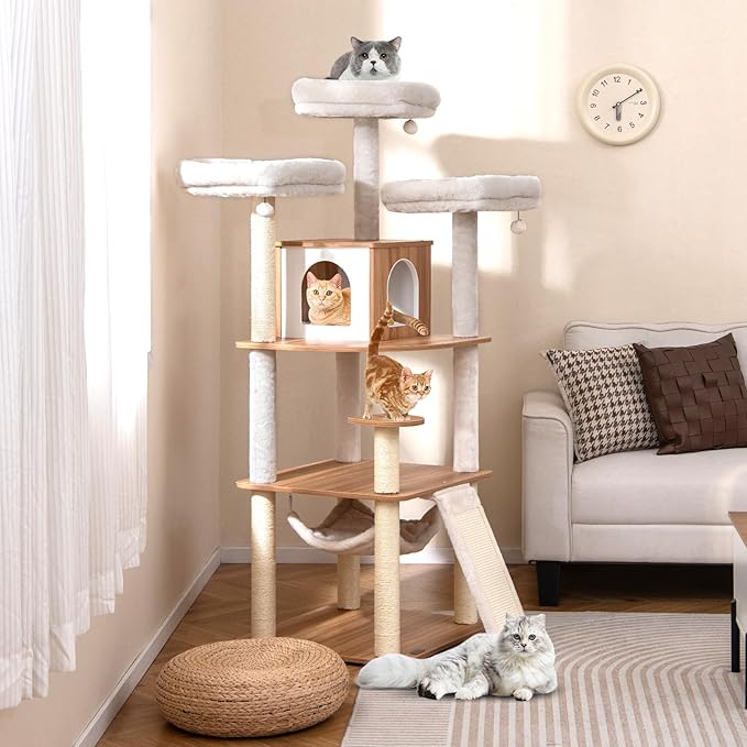 Tangkula Tall Cat Tree, 68 Inch Modern Wood Cat Tower with Sisal Scratching Posts, 3 Padded Perches, Condo, 2-in-1 Ladder, Dangling Balls, Washable Cushions for Indoor Cats Large Adult (Natural)