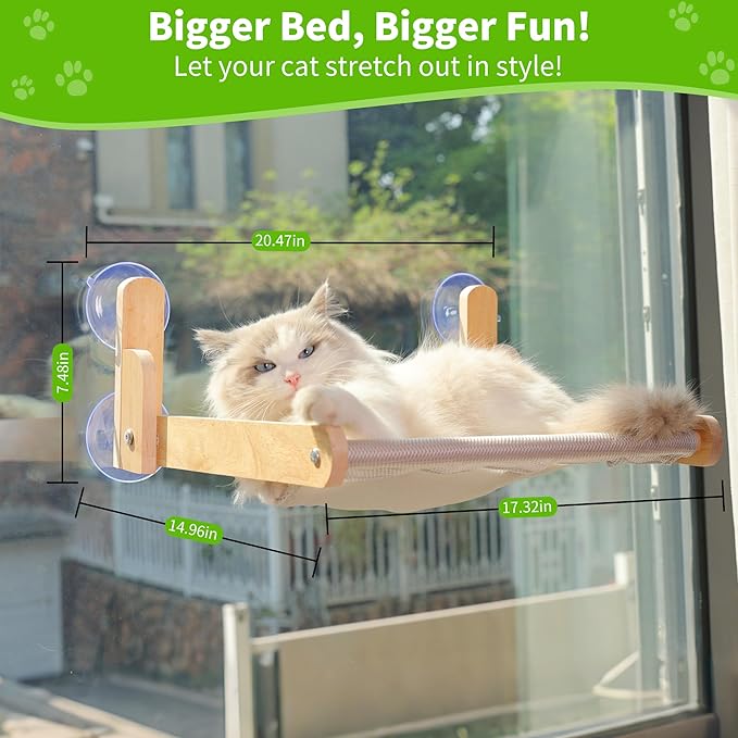 Cat Window Perch with Wooden Frame – Aloxina Foldable Cat Hammock Bed for Indoor Cats, Breathable Sandwich Mesh Cover, Strong Suction Cups, No Drilling, Supports Large Cats