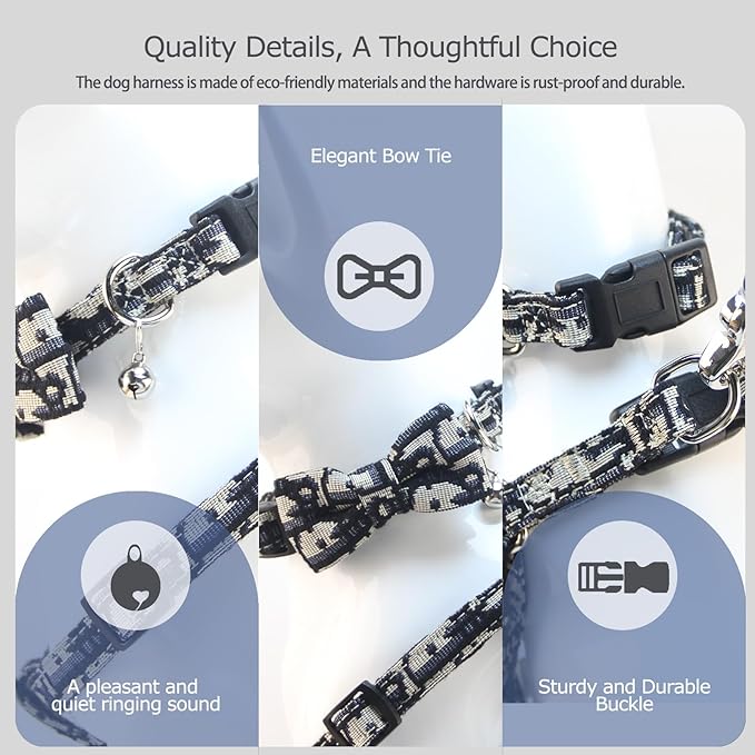 Dog Collar and Harness with Leash Set, Breathable Puppy Harnesses for Small Dogs, No Pull Easy Walking Pet Harness, Black, S