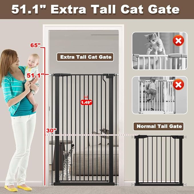 Fairy Baby 51.18" Extra Tall Cat Gate for Doorway, 29.5"-40.5" Extra Wide Pet Gate Dog Barrier Indoor for Cats Dogs, Kid Puppy Dog Gate No Jumping Over & No Climb, Metal Child Safety Proof Gate, Black