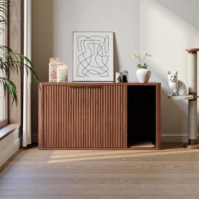 Evermagin 35.4" Walnut Cat Litter Box Enclosure Furniture with Cat Scratch Pad, Large Hidden Litter Box Cabinet, Front Entry Can Install Left/Right, Mid Century Modern Kitty End Table, Kitty Bench