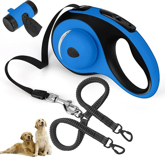 Dual Retractable Dog Leash for 2 Large Dogs (Up to 110LBS Each) - Double Headed Pet Leash with Poop Bags and LED Light, One Button Brake & Lock, 360 Tangle-Free (Blue, Large)