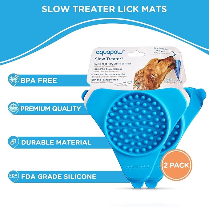 Aquapaw Suction Cup Lick Mat for Dogs - Bath Time Lick Mat for Bathtub - Mental Stimulation Slow Feeder Pad - Peanut Butter Treat Holder - 2-Pack, Regular, Blue