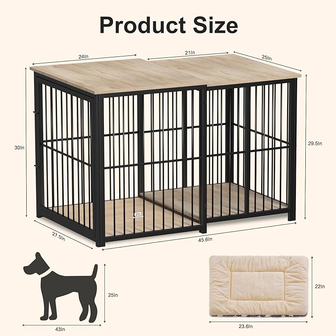 Large Dog Crate Furniture for Large Dogs, Retractable Dog Kennel Furniture, Wooden Dog Kennel Indoor, Heavy-Duty Dog Cage Furniture with 3 Levels of Adjustable Size,45.6" L, XL, Light Brown