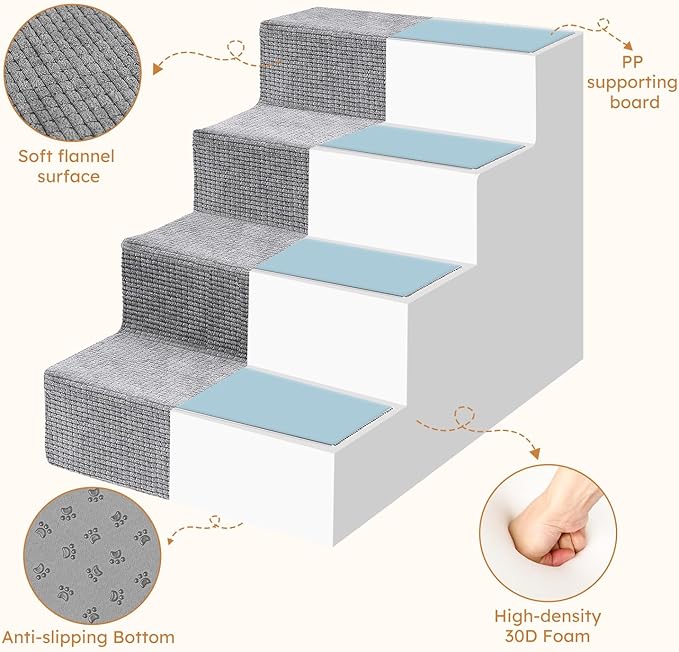 Heeyoo Dog Stairs for Small Dogs, 4-Step Dog Steps for High Bed and Couch, High-Density Foam Pet Steps with Supporting Board, Non-Slip Removable Washable Cover, Grey, 18" High
