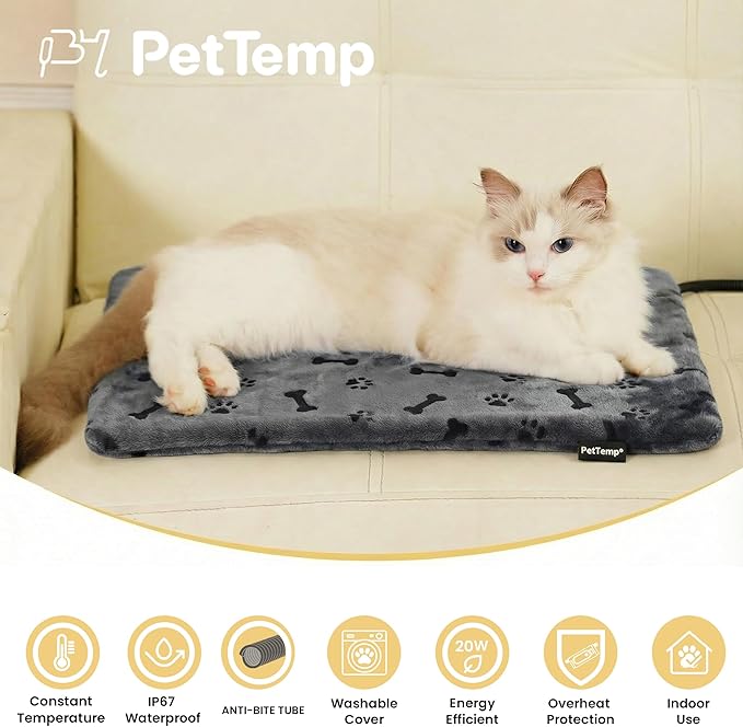 Heated Pet Pad for Dogs and Cats, Waterproof Heating Mat with Chew-Resistant Cord, Constant Warmth for Indoor & Covered Outdoor Use, Multiple Sizes and Colors (Grey, S: 16" × 13" × 1.3")