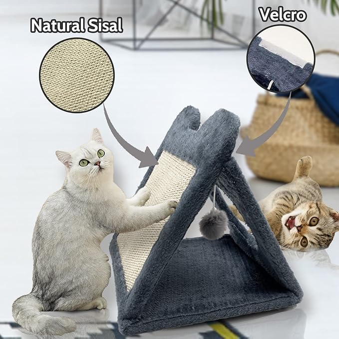 Fhiny Triangle Cat Scratching Post, Natural Sisal Cat Standing Scratch Board with Hanging Plush Ball Toy Pet Cave Nest Indoor Cats Pads Activity Center for Keeping Away from Furniture