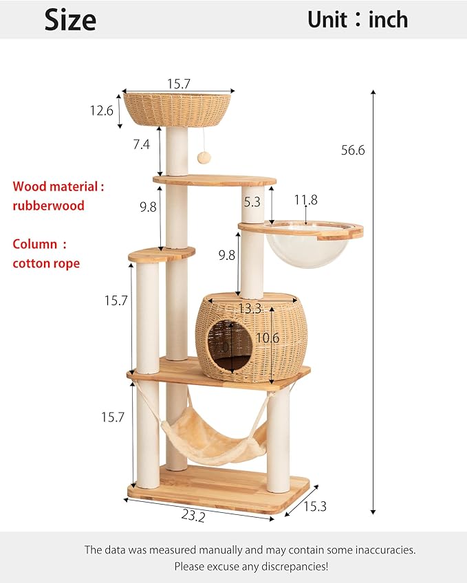Wood Cat Tree for Large Cat, 57-Inch Tall Cat Tower with Scratching Post for Indoor Cats, Multi-Level Cat Condo with Hand-Woven Cat Bed and Hammock Acrylic Bowl Easy to Clean (DC888)