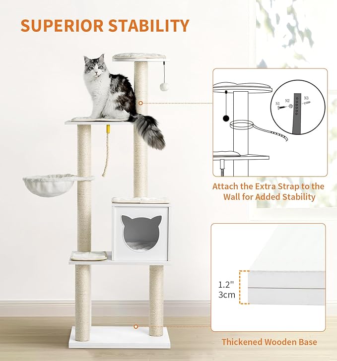 Made4Pets Cat Tree, Modern Cat Tree Tower for Indoor Cats - 65" Tall Wood Condo with Hammock, Scratching Post and Removable Pads for Small Large Cats, White