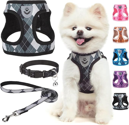 SCENEREAL Small Dog Harness and Leash Collar Set, Step in No Pull Soft Mesh Dog Harnesses for Small Medium Sized Dogs Puppy and Cats Outdoor Walking, No Chock Reflective Vest Harness, Black Plaid S