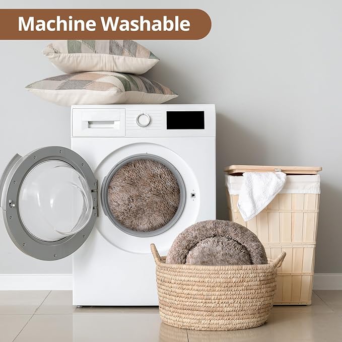 JOLLYVOGUE Calming Dog Bed for Small Dogs - 23 inches Donut Washable Small Dog Bed for Kittens & Puppies, Anti-Slip Round Fluffy Plush Faux Fur Cat Beds (Fits up to 25 lbs Pets, Smoke Brown)