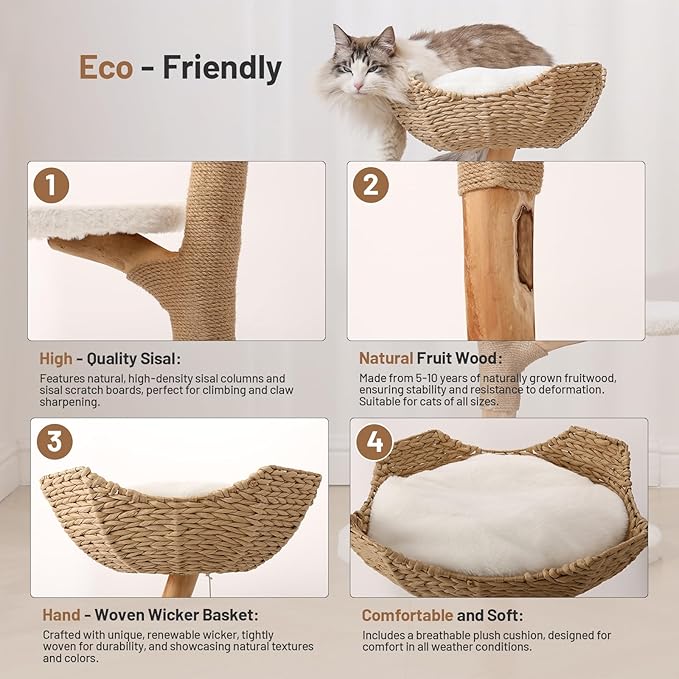 Modern Adult Cat Tree for Large cat Solid Wood Cat Tower for Indoor Cat Tall Cat Condo Cat Climbing Tower with Scratching Post Bed