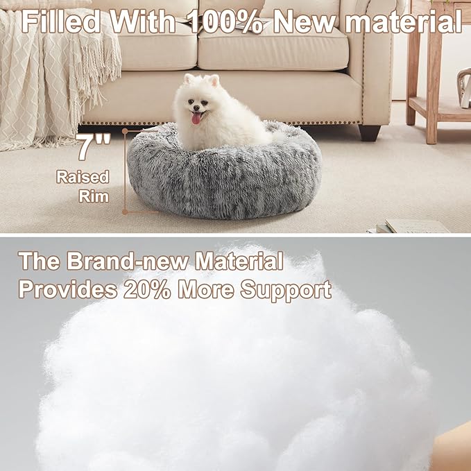23 inches Donut Dog Bed for Small Dogs - Calming Washable Round Puppy Bed with Removable Cover, Fluffy Plush Pet Bed for Cats & Dogs, Fits up to 25 lbs Pets (Dark Grey,Small)