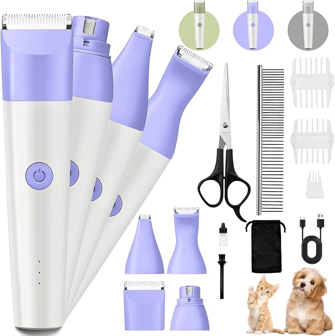 Dog Clippers Grooming Kit, 4 in 1 Quiet Cordless Dog Paw Trimmer & Nail Grinder, Small Cat Clippers Electric Rechargeable Low Noise Pet Shaver for Trimming Hair on Paw Eye Ear Face (Purple)