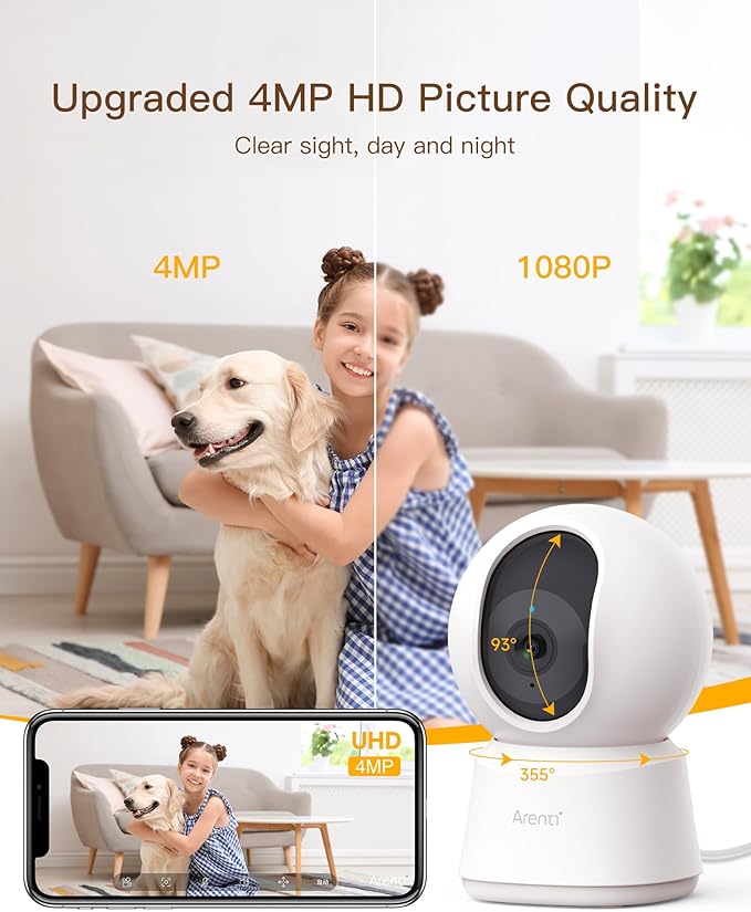 ARENTI 5ghz WiFi Security Camera Indoor, 4MP Plug-in Pet Dog Camera with Phone App, Baby Home Cam 2.4G/5G Dual-Band, AI Motion Detection, Auto Tracking, 2-Way Talk, Night Vision, Works with Alexa