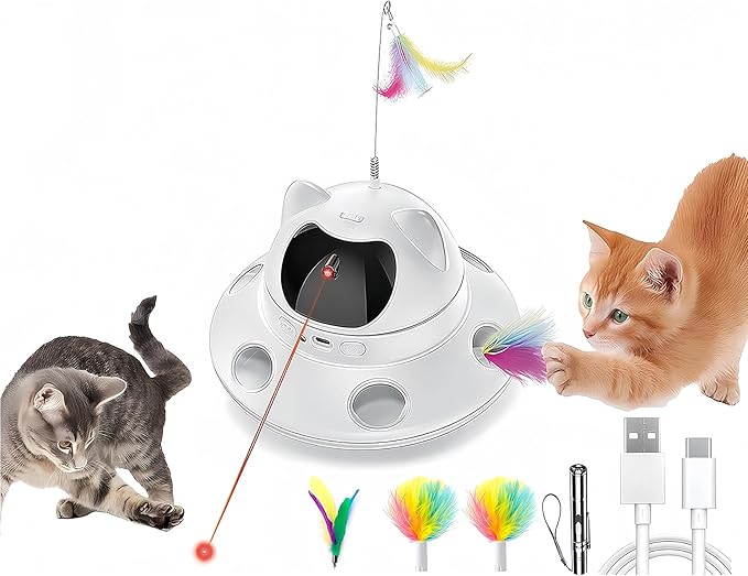 3-in-1 Cat Laser Toy & Interactive Automatic Motion-Activated Kitten Toy – 6 Holes Whack-A-Mole Feather & Moving Ambush Fun – USB Rechargeable, Apply To – Indoor Exercise for Cats of All Breeds