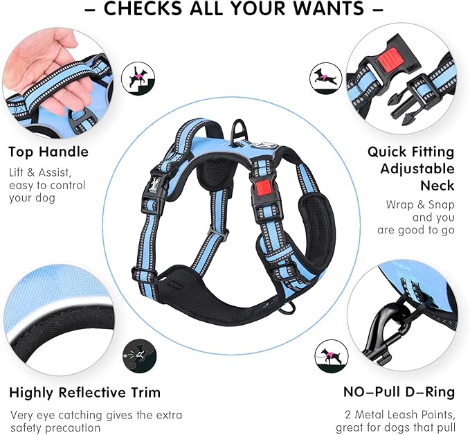 PoyPet No Pull Dog Harness, [Release at Neck] Reflective Adjustable No Choke Pet Vest with Front & Back 2 Leash Attachments, Soft Control Training Handle for Small Medium Large Dogs(Light Blue,XS)
