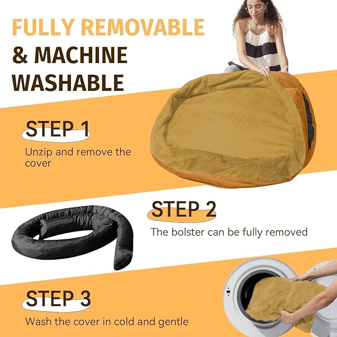 Orthopedic Waterproof Large Dog Bed: Memory Foam Washable Dog Bed with Bolsters - Removable Orthopedic Cover for Medium L XL Large Sized Pet - Non-Slip Bottom - Orange