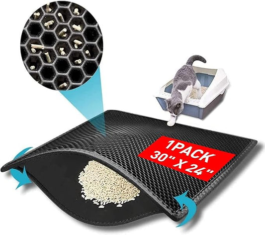 Large Cat Litter Box Mat: Easy Clean Kitty Litter Trapping Mat for Floor, Plastic Cat Box Pad (24 * 30in-Black-1)