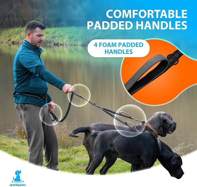 SparklyPets Hands Free Double Dog Leash – Dual Leash for Medium and Large Breeds – Lead for 2 Dogs with Padded Handles, Reflective Stitches, No Pull, Tangle Free