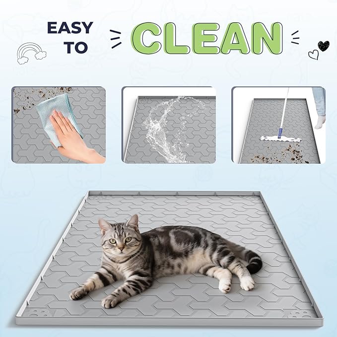 Silicone Cat Litter Mat for Litter Box - 34" X 22"/24" X 15" Waterproof Urine - Proof Mat, Non - Slip Trapping Pad to Keep Floor Clean, Easy to Clean Cat Floor Mat（Gray)