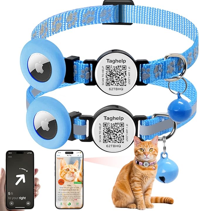 2PCS Breakaway Cat Collars with Bell Cute Adjustable Safe Kitten Collars with Pendant Glow in The Dark,Airtag Holder Cat Collar with Smart ID tag & QR Code Reflective for GPS Boy Girl Cats(Blue)
