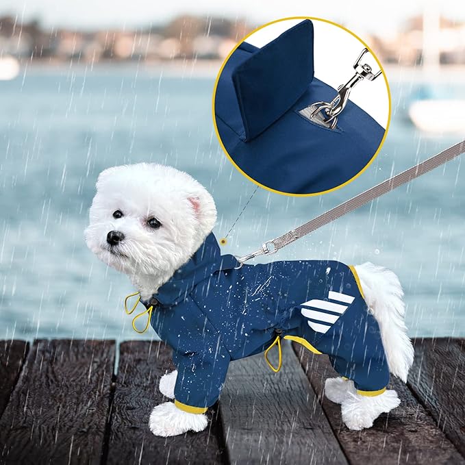 Dog Raincoat, Waterproof Dog Rain Jacket with Hood, Rain Coat with Leash Hole, Reflective Strap for Small Medium Dogs, Lightweight Puppy Clothes(Blue,S)