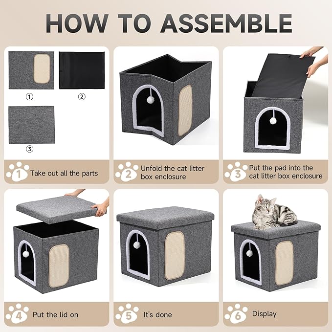 Cat Litter Box Enclosure Furniture, Foldable Hidden Litter Box with Mesh Storage Bag, Litter Box Furniture with Waterproof Inside, Easy Clean, Odor Control, Easy Assembly - 21.6”L x 17.7”D x 17.7”H