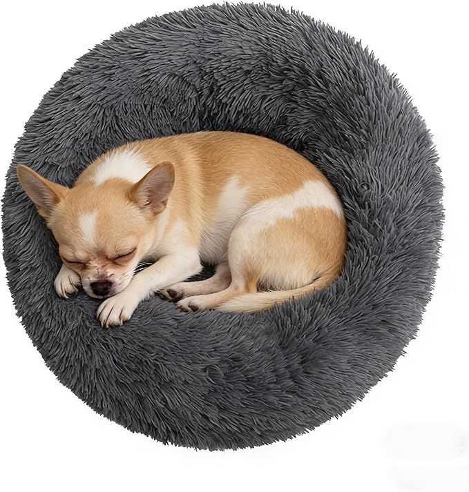 Calming Donut Dog Beds for Small Dogs Kitten - Washable Removable Cover Non-Slip Bottom, Round Pet Bed Puppy Bed Warming Fluffy Faux Fur Anti-Anxiety, Fits up to 15 lbs (Dark Grey, 20")