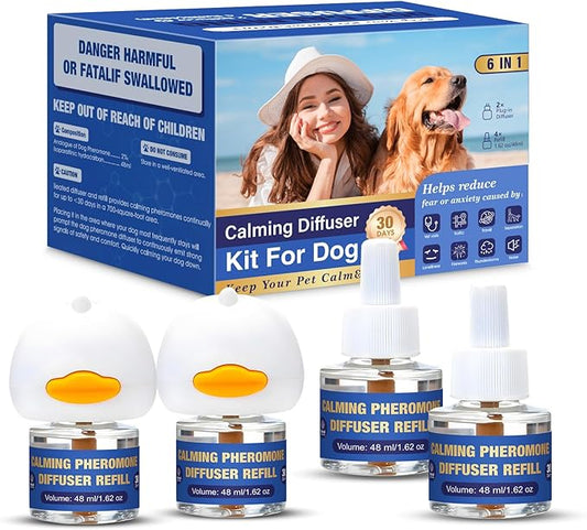 Dog Pheromone Calming Diffuser: Relaxing Pheromone Diffuser for Dogs Relief Stress Anxiety Fighting Scratching Barking, Dog Calming Pheromone Diffuser Kit with 2 Plug in Diffuser+4 Refill 48ml (6in1)