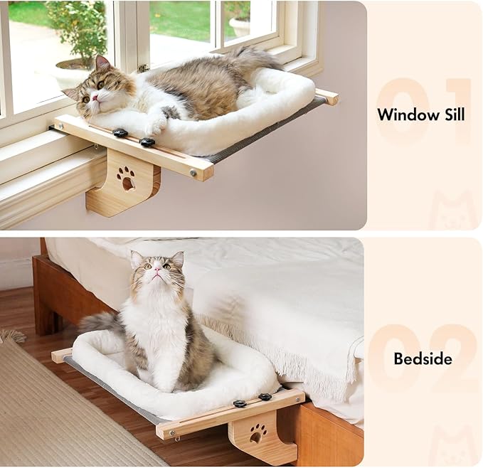 AMOSIJOY Cat Sill Window Perch Sturdy Hammock Seat with Cushion Bed Cover, Wood & Metal Frame for Large Cats, Easy to Adjust Windowsill, Bedside, Drawer and Cabinet (L)