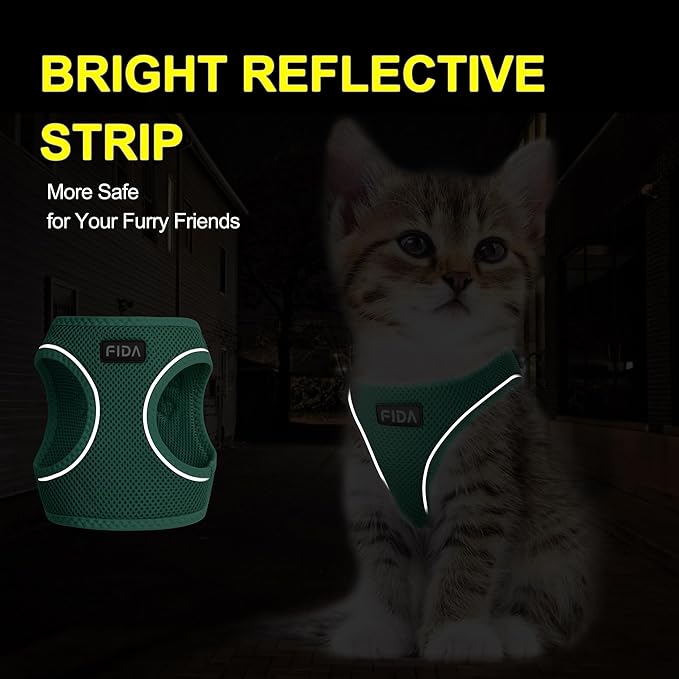 Fida Cat Harness and Leash Set for Walking Kitten and Puppy, Escape Proof Kitten Harness with Breathable Lightweight Soft Mesh, Adjustable Reflective Step-in Design. (S, Green)