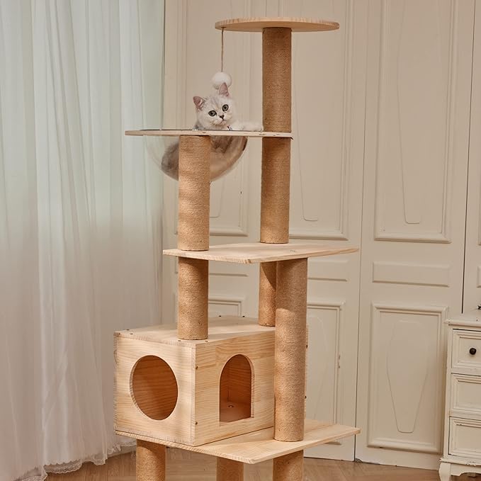 Modern Multi-Level Large Real Solid Wood Cat Tree, Luxury Wooden Cat Tower Cat Condo with Multi-Layer Platform for Indoor Cats