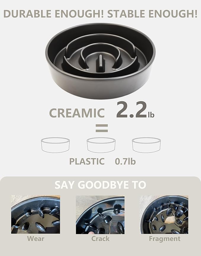 Ceramic Slow Feeder Dog Bowls, 2.0 Cups Slow Feeder for Medium and Large Dogs, Puzzle Maze Bowl to Slow Down Eating, 30oz, 8in, Black