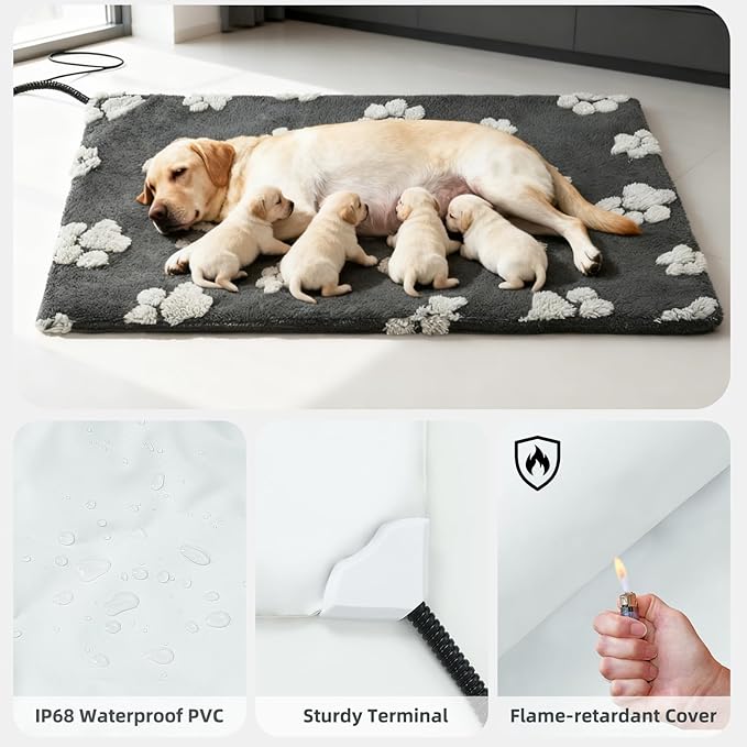 Large Dog Heating Pad with Smart Thermostat Switch, Heated Pet Crate Pad with Fleece Cover for Indoor Outdoor, 35x24 Inch with Anti-bite Cord, Constant on Function, UL&FCC Dual Certification