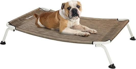 Veehoo Elevated Dog Bed for Outdoor, Cooling Waterproof Raised Dog Cots Beds for Medium Dogs, Curved Off Ground Pet Hammock Cot Lifted for Outside, up to 65lbs, White Legs, Brown 32"