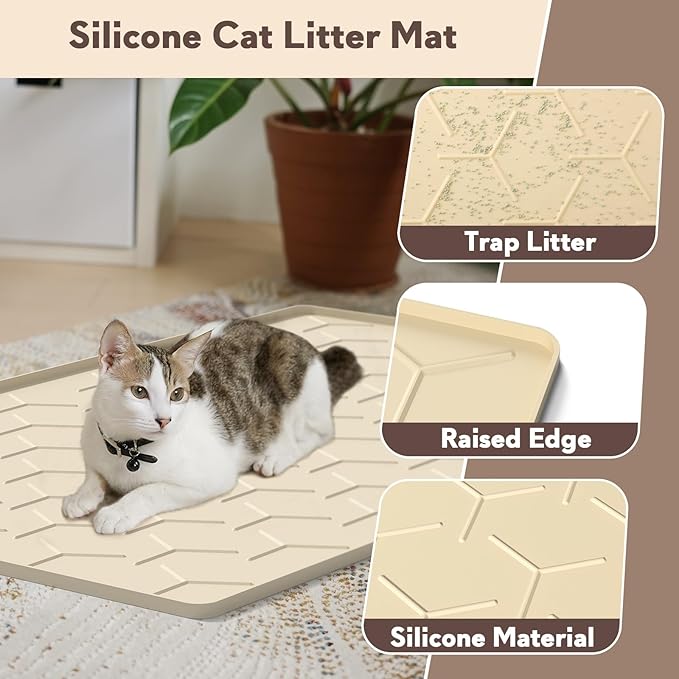 Silicone Cat Litter Trapping Mat, Large Waterproof 34" X 22" Cat Litter Box Mat, Easy to Clean, Beige