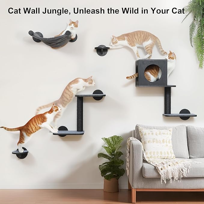 FUKUMARU Cat Wall Shelves, 5-Piece Stable Wooden Wall-Mounted Furniture Set, Kitty Climber with Hammock, House, Steps, Scratching Post (Black)