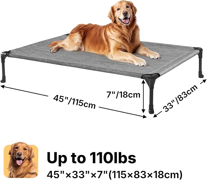 Veehoo Outdoor Elevated Dog Bed Large Sized Dogs, Extra Large Cooling Raised Dog Cots Beds Training Platform Off Ground Hammock with Breathable Mesh, No-Slip Feet, 45"x33", Black Silver