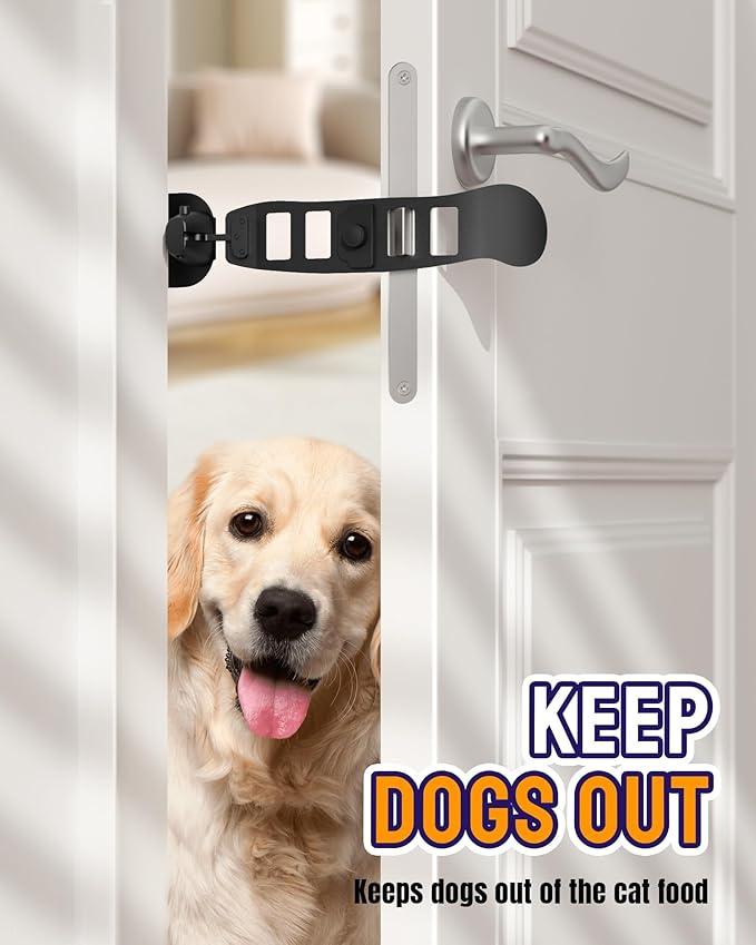 Metal Cat Door Latch, Door Prop for Cats, Easy Install, Durable & Foldable, 【5 Adjustable Sizes】 Keep Interior Door Cracked Open for cat - Dog Proof Cats Feeding Station, No Wall Damage