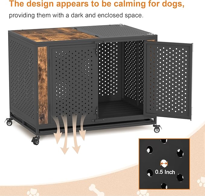 42" Heavy Duty Dog Crate Furniture for Large and Medium Dogs, Enclosed Design with 0.5 inch Holes, Indestructible Metal Kennel for High Anxiety Dogs, Chew Proof Pet House Cage Indoor, Brown