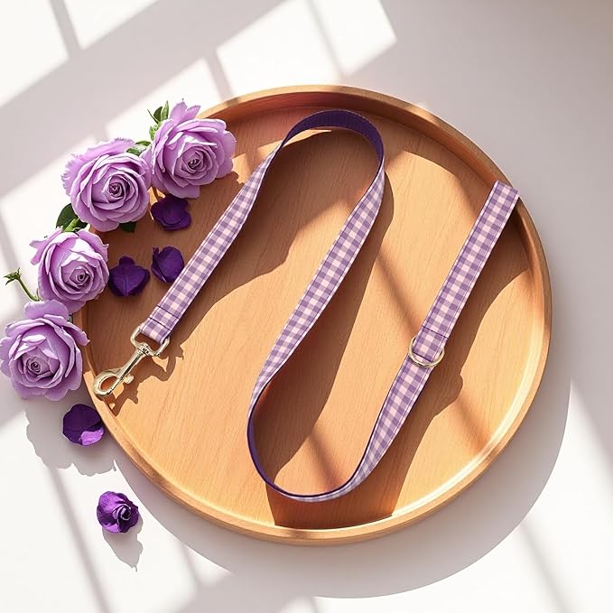 PETDURO Personalized Dog Collar Purple Gingham Plaid for Large Medium Dogs | Engraved Name and Phone Number on Gold Metal Buckle for Girls | Add Leash & Bow Tie via Customize Now