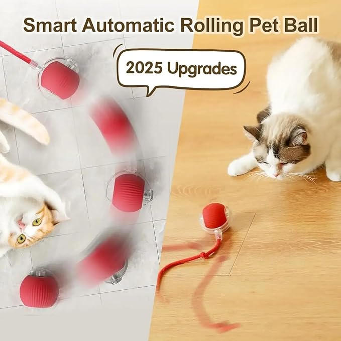 Cat Smart Rolling Ball [RED], LED Lights, Indoors for Active Cats - Rechargeable, Automatic, Speedy Tail/Rope