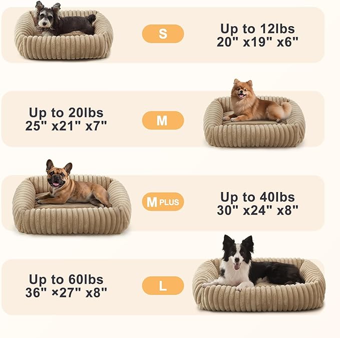 FURTIME Dog Bed for Small Medium Dog, Washable Orthopedic Pet Bed with Removable Cover, Rectangle Soft Calming Sleeping Puppy Bed Durable Pet Cuddler with Anti-Slip Bottom, Beige, M (25"x21"x7")