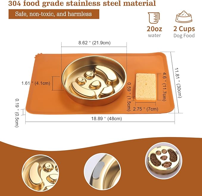 Golden Stainless Steel Slow Feeder Dog Bowls – Non-Slip Metal Dog Bowl for Large & Medium Breeds, Puppy Puzzle Feeder – 2 Cup for Small to Big Pets – Durable Slow Feed Dog & Cat Food Dish with Mat