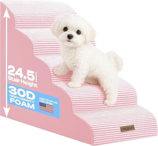 Curved Dog Stairs for High Bed Up to 26", 5-Step Dog Ramp for Small Dogs with Washable Cover, Non-Slip Steps for Cats to Get on Couch and Sofa, Durable Foam Ladder for Medium Breeds, White Pink