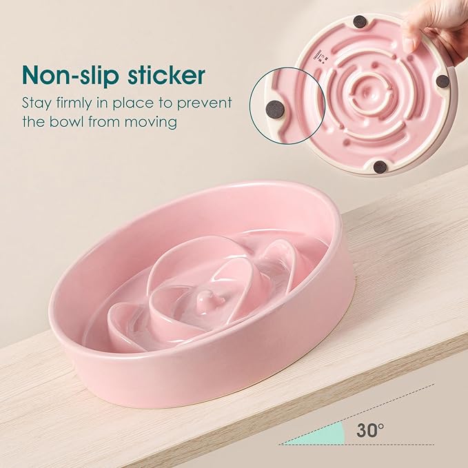vancasso Slow Feeder Dog Bowl, 0.6 Cups Ceramic Dog Food Dish for Fast Eaters Small Breed, Puzzle Bowl for Small Dogs and Cats, Pink